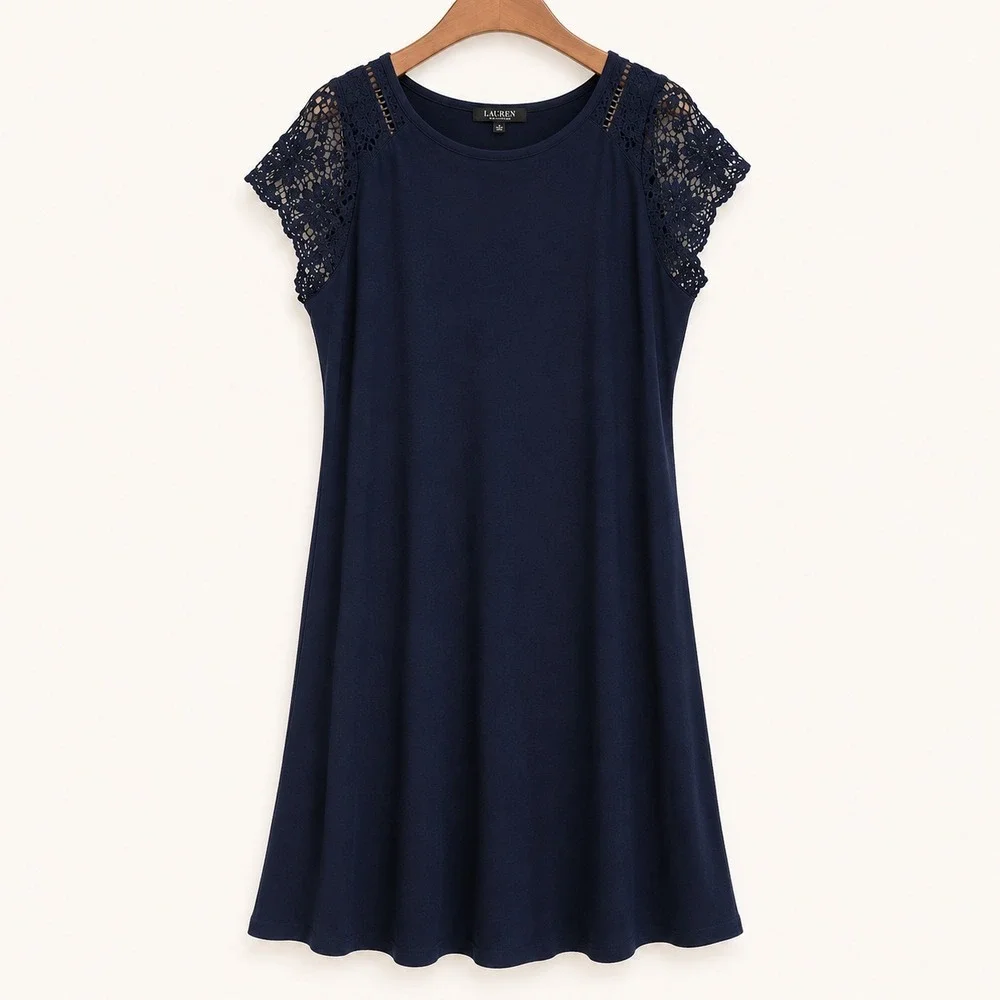 Lauren Ralph Lauren Dress Size 3X Navy Cotton Crochet Sleeve Beach Preppy Summer